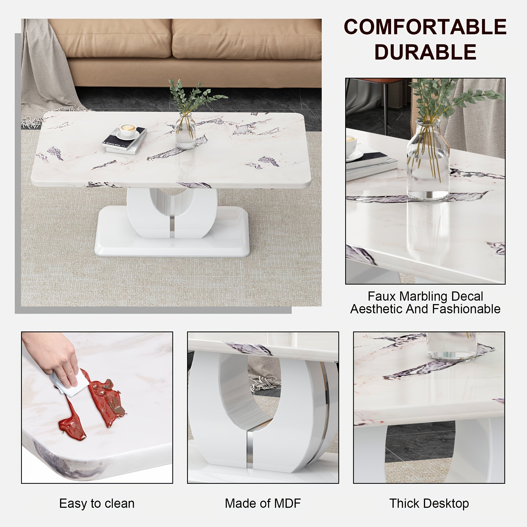 Contemporary Minimalist Rectangular Coffee Table Featuring a White Faux Marble Design, a Spacious And Adaptable Piece for The Living Room, Perfect As a Central Tea Table Or Accent Furniture, Ideal for Various Settings, And Easy to Assemble