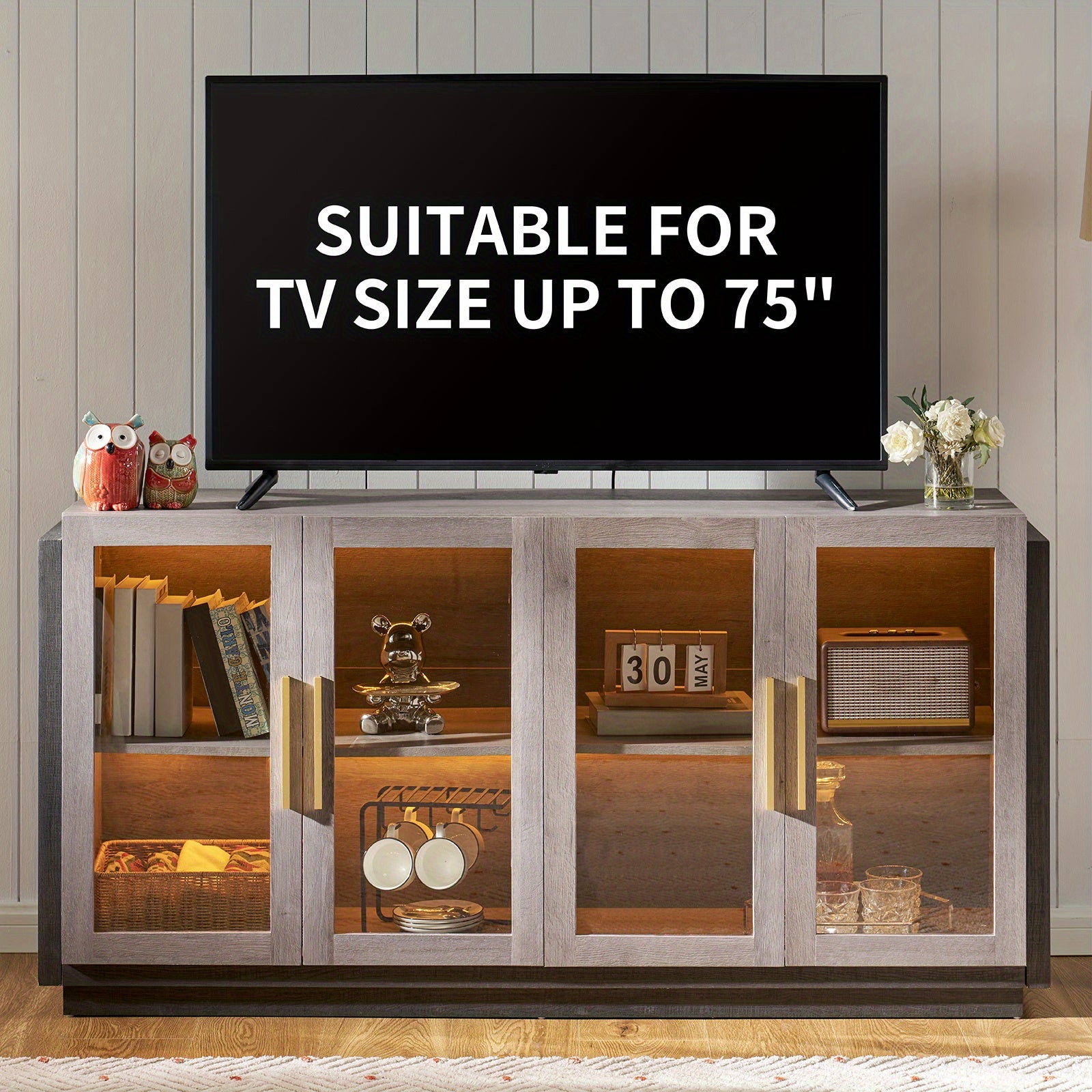 ALBOTT Sideboard Buffet Cabinet with Storage 64 Inch Cabinet with Glass Door Modern Wood Buffet Cabinet for Dining Area Kitchen And Hallway