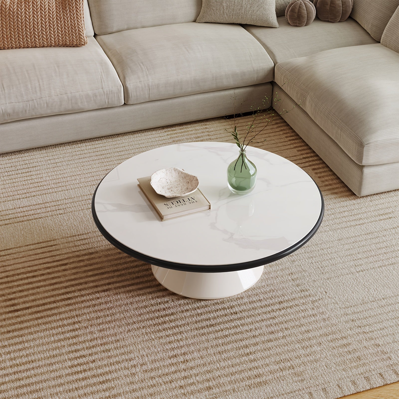 Modern Round Coffee Table with Cream White Stone Glass Top & Stain-Resistant Base - Easy-Clean Single Pedestal Center Table, 27.95-Inch Round for Living Room, Bedroom - MDF\u002FFBDF Frame, Suitable for Modern or Decor