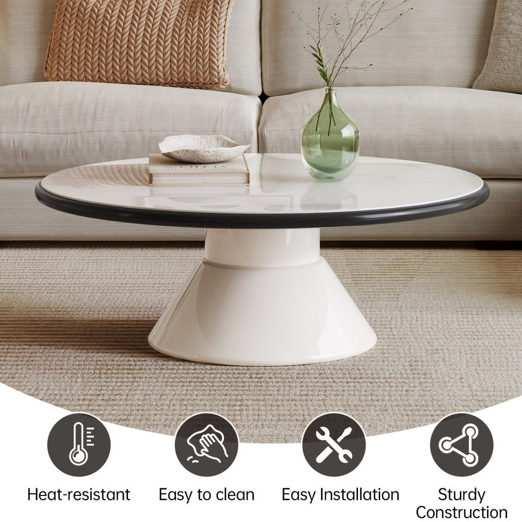 Modern Round Coffee Table with Cream White Stone Glass Top & Stain-Resistant Base - Easy-Clean Single Pedestal Center Table, 27.95-Inch Round for Living Room, Bedroom - MDF\u002FFBDF Frame, Suitable for Modern or Decor