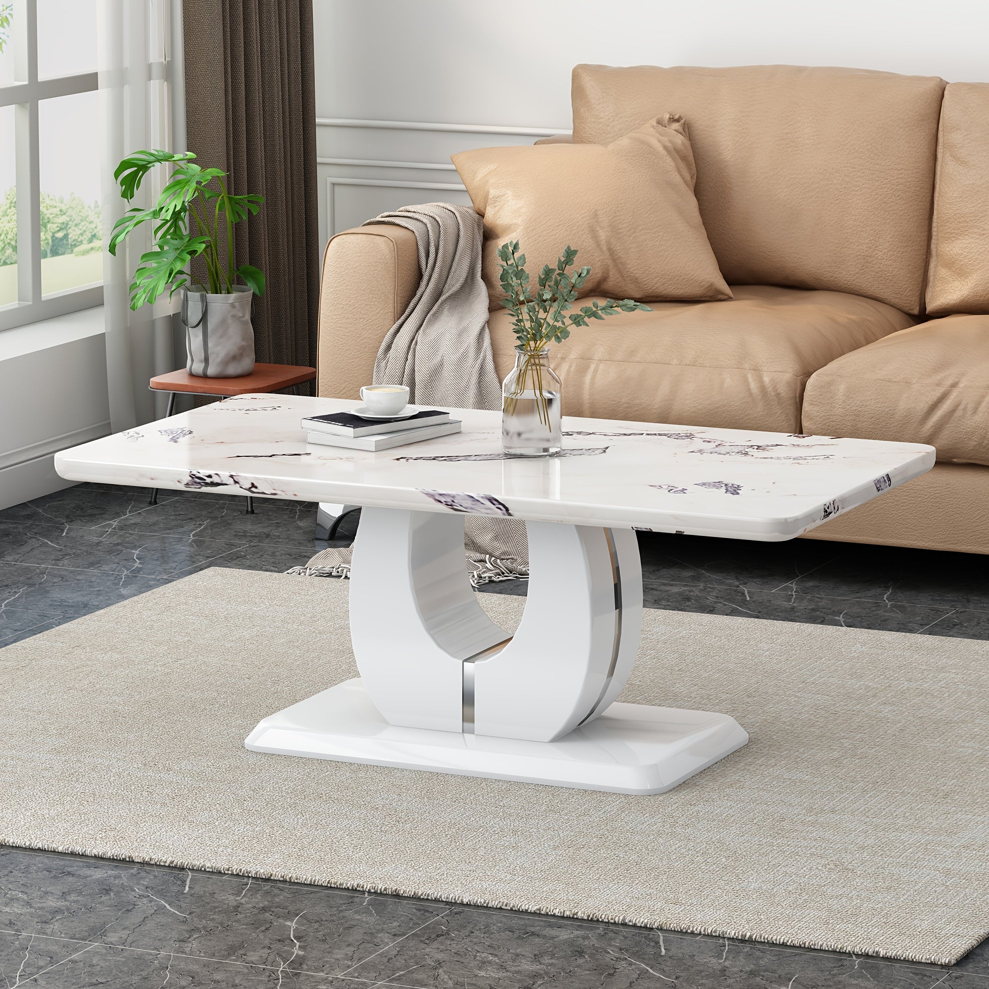 Contemporary Minimalist Rectangular Coffee Table Featuring a White Faux Marble Design, a Spacious And Adaptable Piece for The Living Room, Perfect As a Central Tea Table Or Accent Furniture, Ideal for Various Settings, And Easy to Assemble
