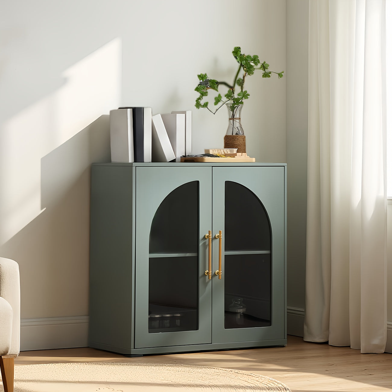 Modern Natural Buffet Sideboard with Arched Glass Doors & Adjustable Shelves - Wide -Standing Storage Cabinet Suitable for Living Room, Kitchen, Dining Room, \u002FParticle Board, Low Profile, Ample Closed Storage Space