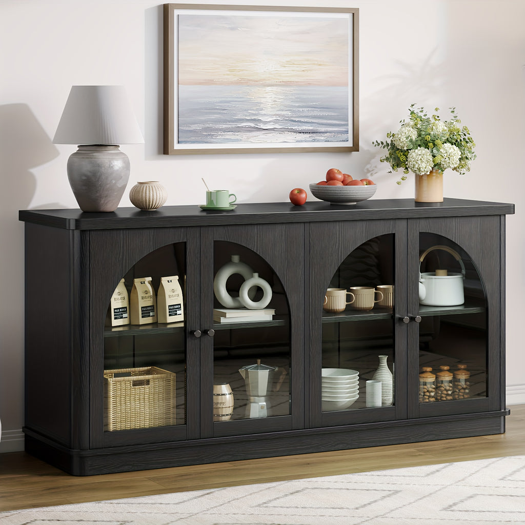 63-Inch Sideboard Buffet, Modern Arched Glass-Door Buffet, Large Curved Storage, Console-Style Sideboard with Adjustable Shelves, Suitable for Living Rooms, Kitchens, And Entryways, Black\u002FGrey Oak