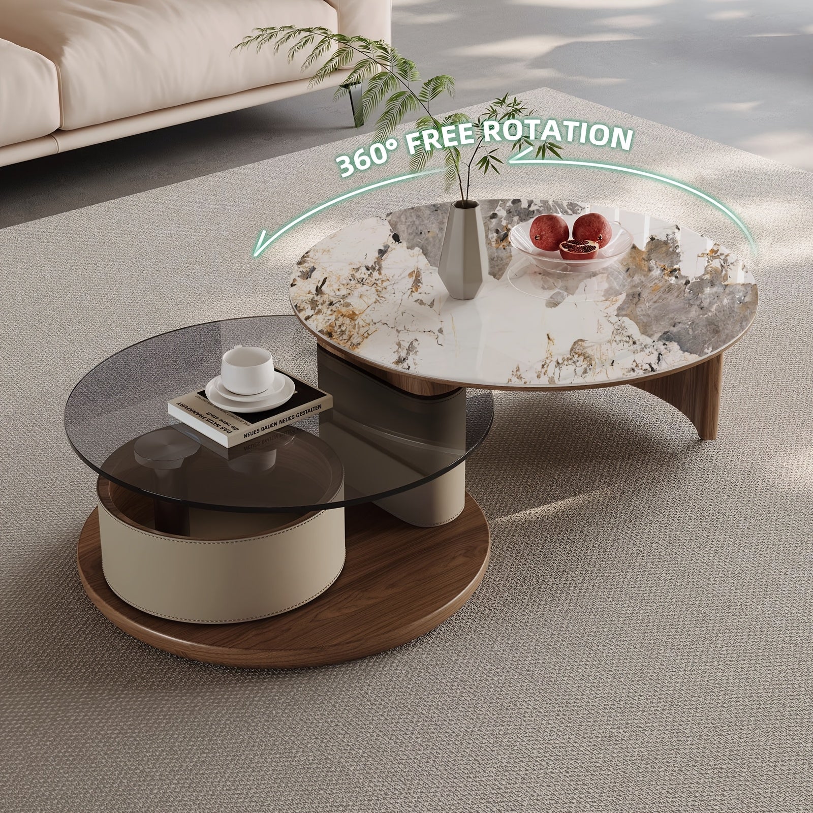 Modern No Assembly Required Nesting Coffee Table Set with 360° Rotating Sintered Stone Top And Hidden Storage
