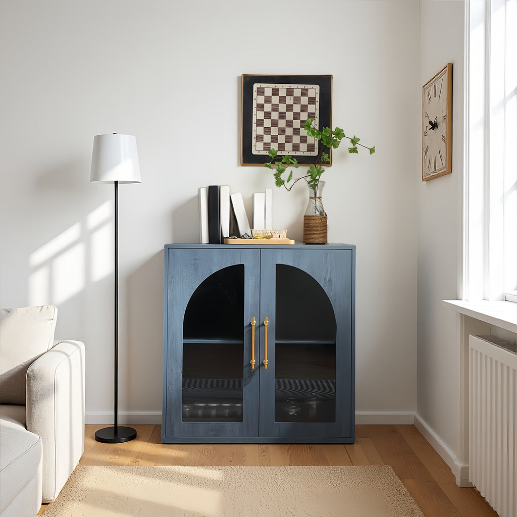 Modern Natural Buffet Sideboard with Arched Glass Doors & Adjustable Shelves - Wide -Standing Storage Cabinet Suitable for Living Room, Kitchen, Dining Room, \u002FParticle Board, Low Profile, Ample Closed Storage Space
