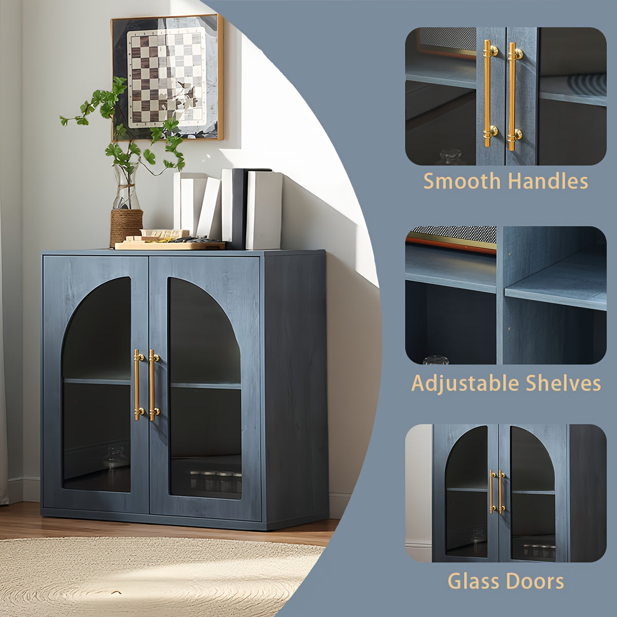 Modern Natural Buffet Sideboard with Arched Glass Doors & Adjustable Shelves - Wide -Standing Storage Cabinet Suitable for Living Room, Kitchen, Dining Room, \u002FParticle Board, Low Profile, Ample Closed Storage Space