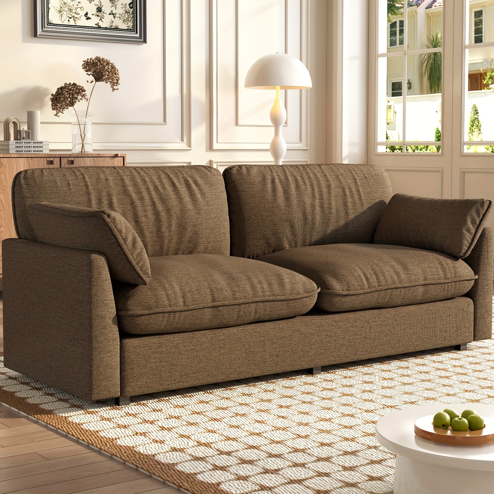 Modern Loveseat Sofa 2-Seater Couch for Living Room - Dark Brown Upholstered Sofa with Deep Seats & 2 Throw Pillows | Comfortable Small Couch for Bedroom, Apartment | Easy Assembly Required