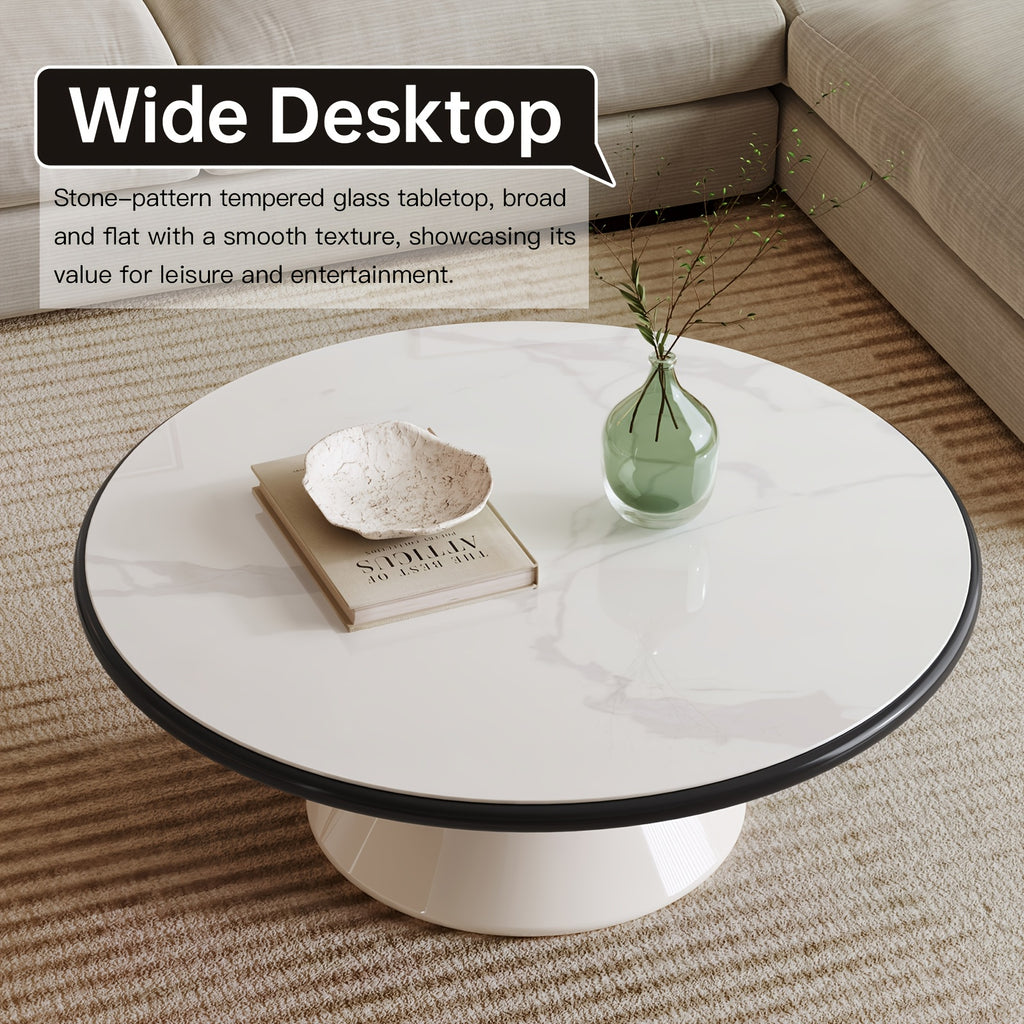 Modern Round Coffee Table with Cream White Stone Glass Top & Stain-Resistant Base - Easy-Clean Single Pedestal Center Table, 27.95-Inch Round for Living Room, Bedroom - MDF\u002FFBDF Frame, Suitable for Modern or Decor