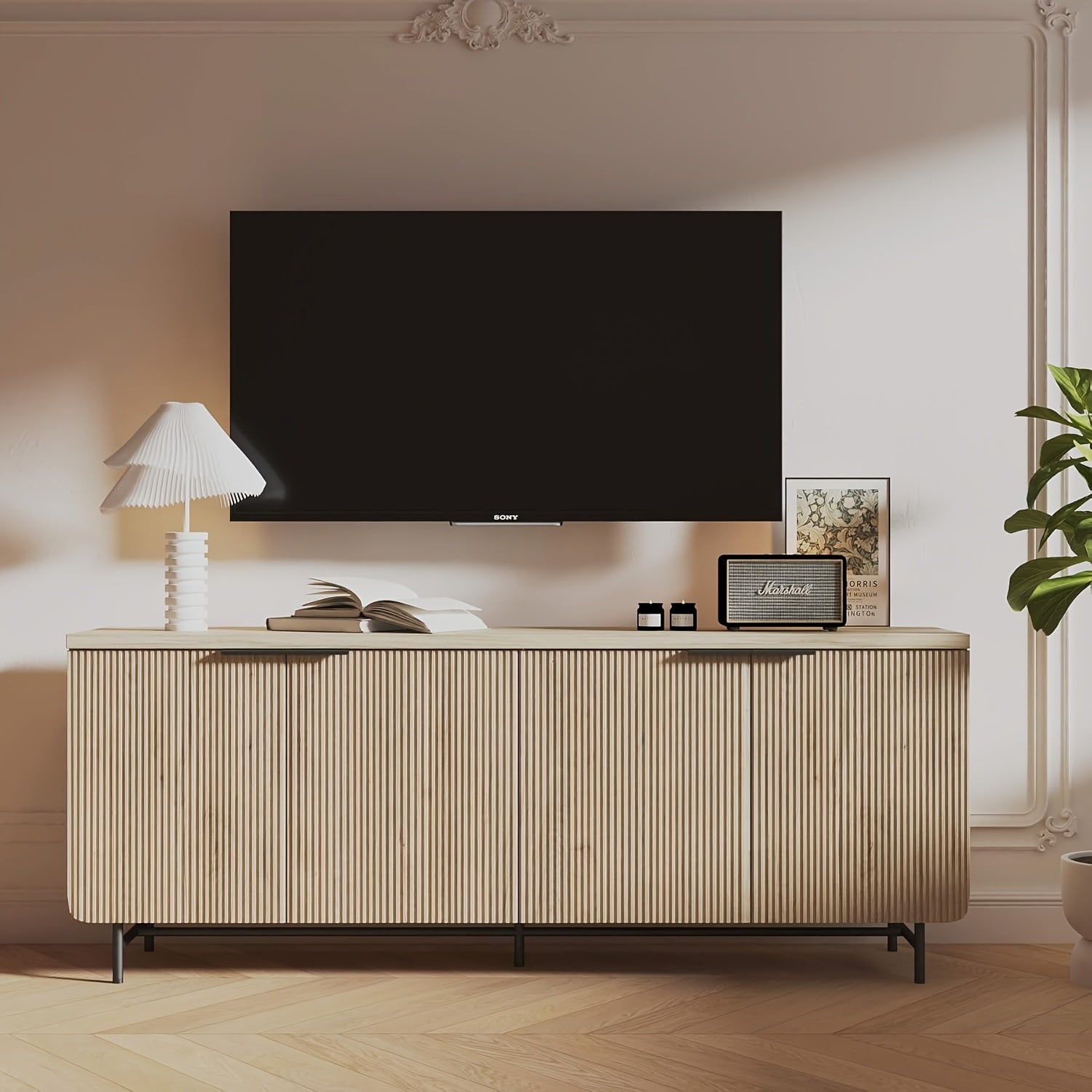 68” Large Modern Oak Carved Edge Cabinet with 4 Doors & Adjustable Shelves - Multi-Functional Storage Suitable for Living Room, Dining Room, Entryway, -Standing Contemporary Sideboard with Panel Doors, Assembly Required ( Wood Tone)