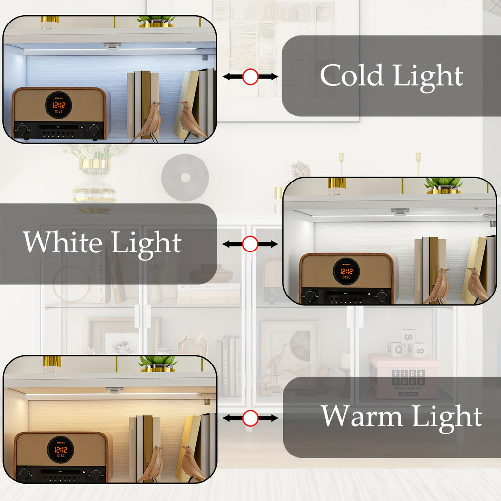55.1'' W Glass Display Cabinet with Adjustable Lighting, Modern Storage Cabinet with 4 Storage Compartments & 4 Glass Doors, Stylish Design, for Living Room And Dining Room