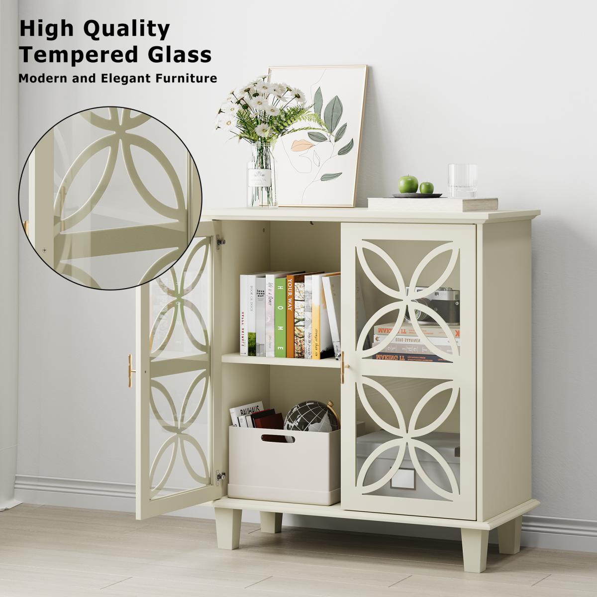 2-Door Decorative Storage Cabinet | Sideboard Buffet, Freestanding Bathroom Cabinet with Tempered Glass, Modern Retro Kitchen Console Table, Art Deco Style, Floor Mount, Color