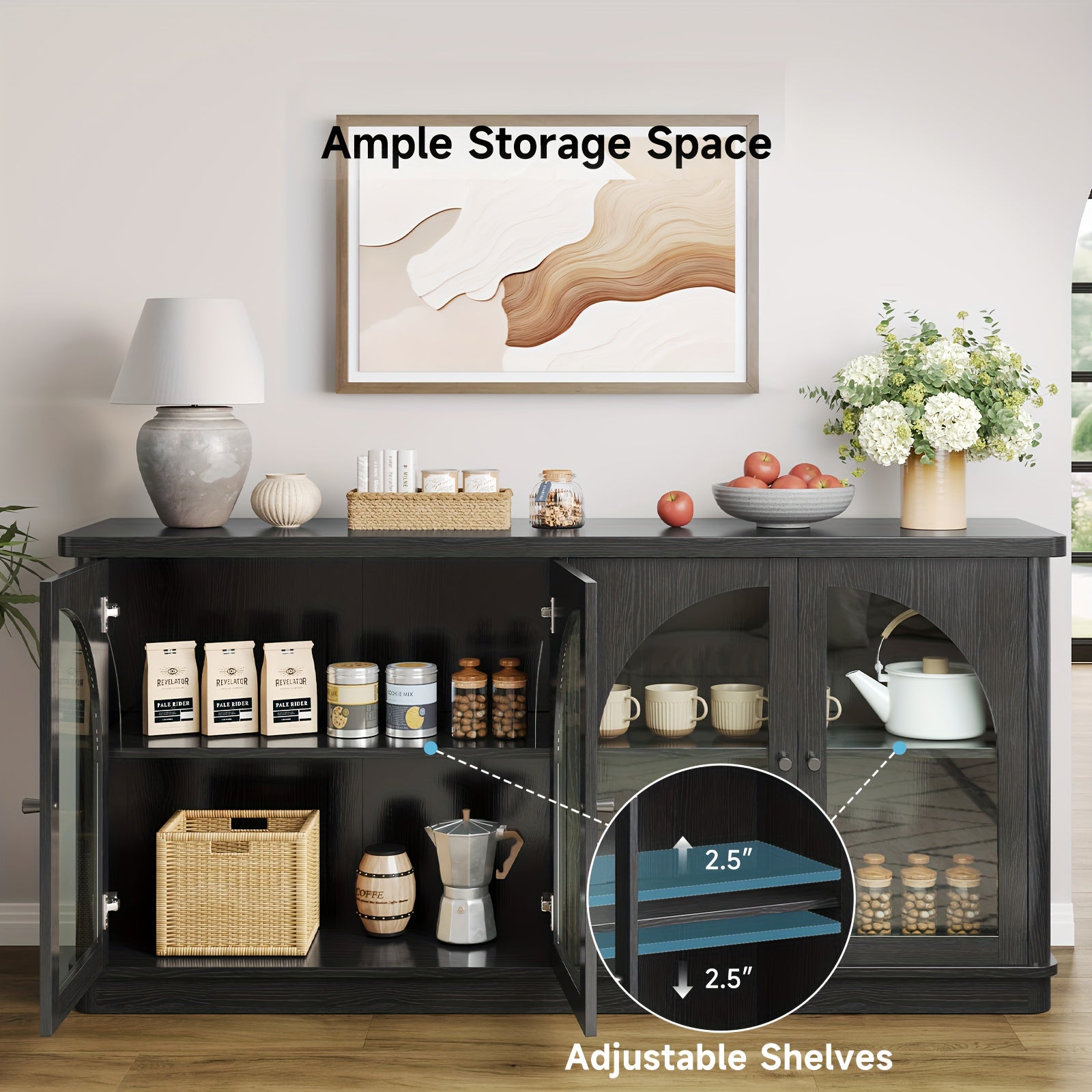 63-Inch Sideboard Buffet, Modern Arched Glass-Door Buffet, Large Curved Storage, Console-Style Sideboard with Adjustable Shelves, Suitable for Living Rooms, Kitchens, And Entryways, Black\u002FGrey Oak
