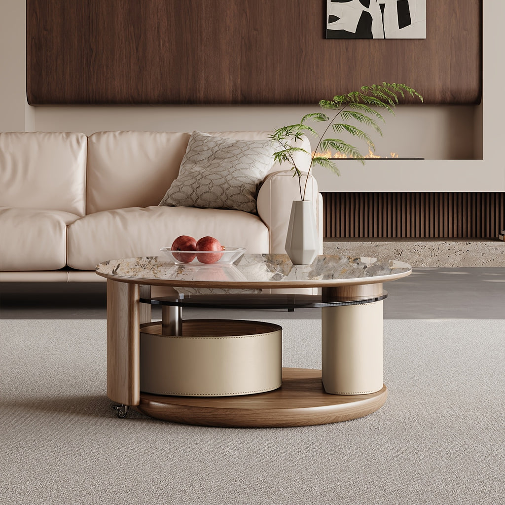 Modern No Assembly Required Nesting Coffee Table Set with 360° Rotating Sintered Stone Top And Hidden Storage