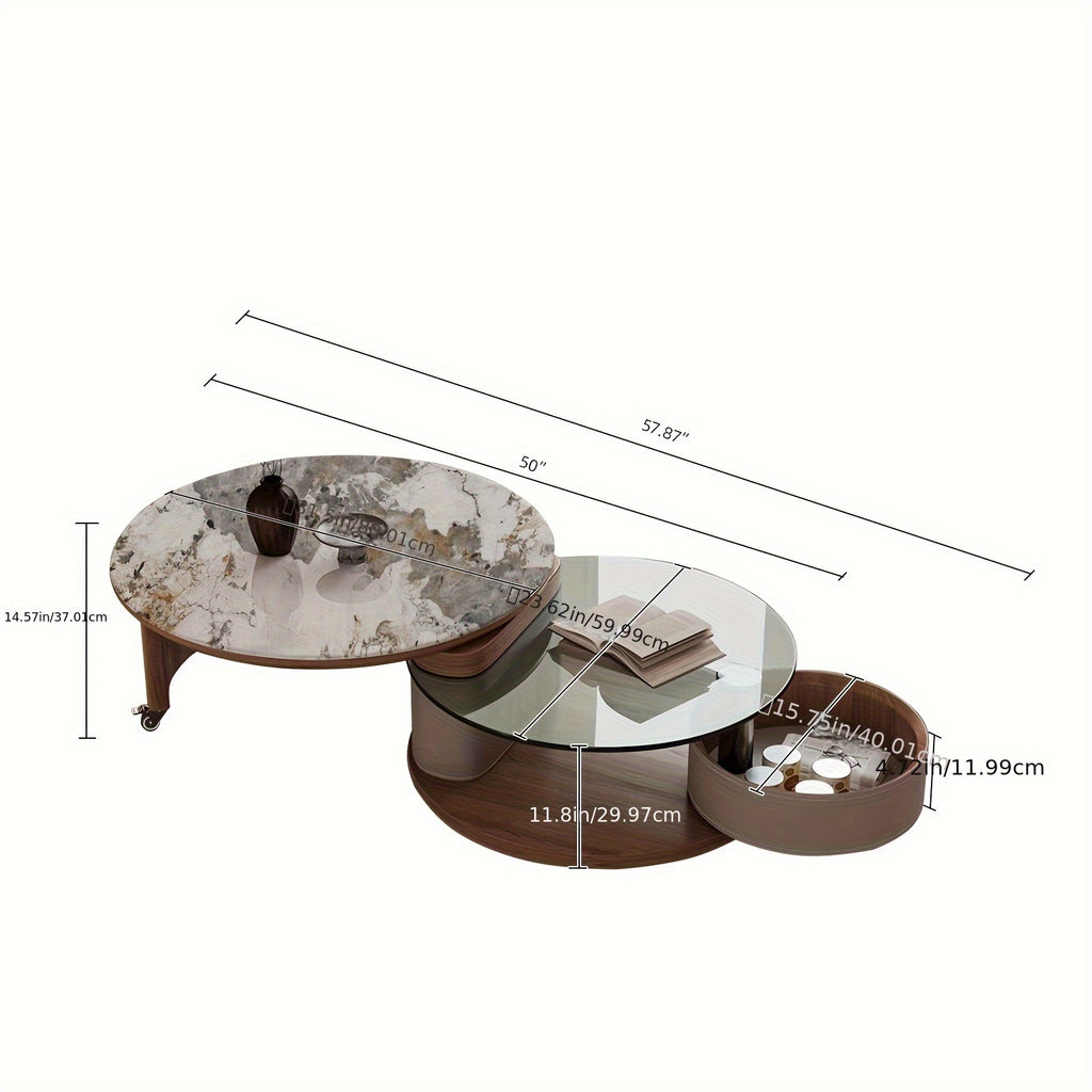 Modern No Assembly Required Nesting Coffee Table Set with 360° Rotating Sintered Stone Top And Hidden Storage