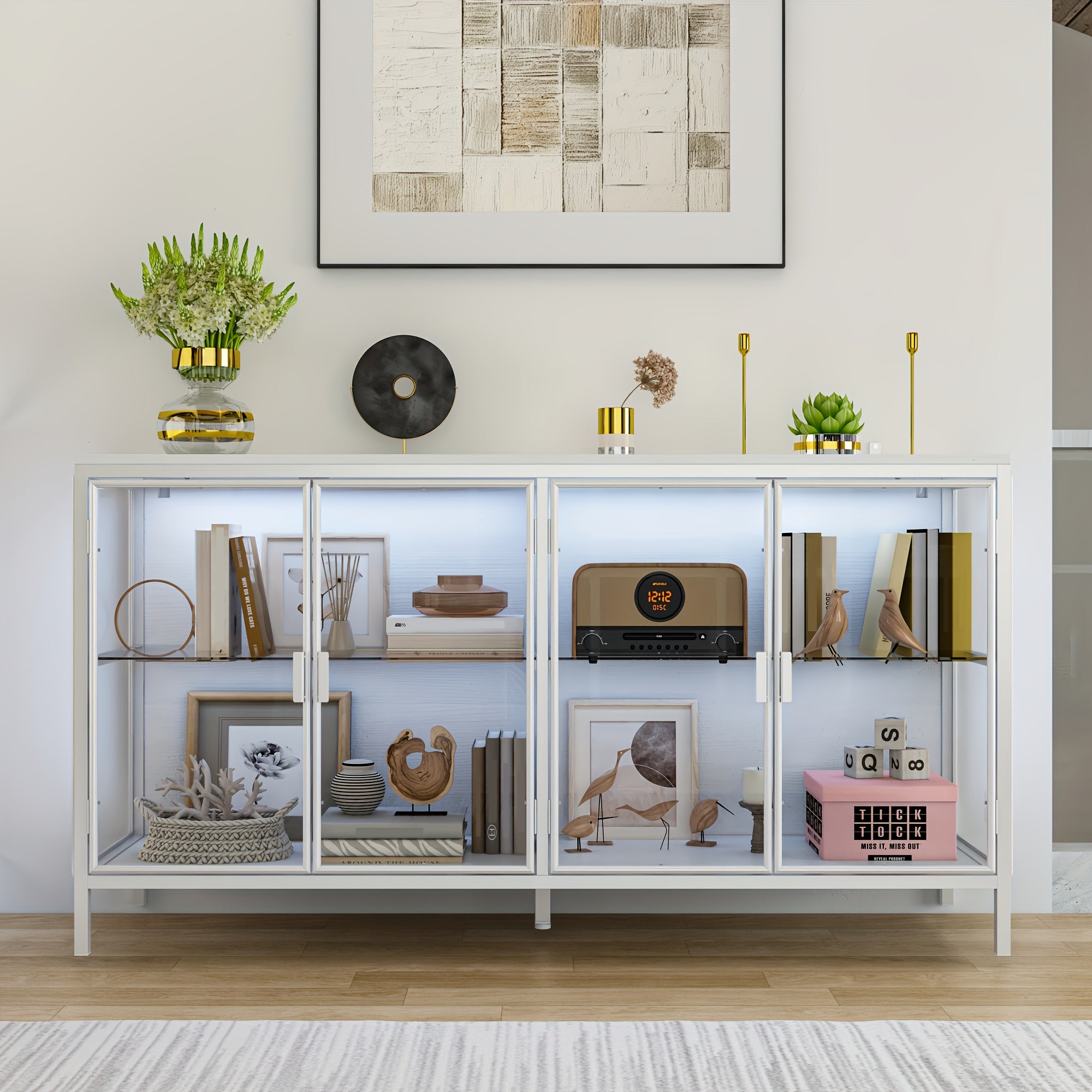 55.1'' W Glass Display Cabinet with Adjustable Lighting, Modern Storage Cabinet with 4 Storage Compartments & 4 Glass Doors, Stylish Design, for Living Room And Dining Room
