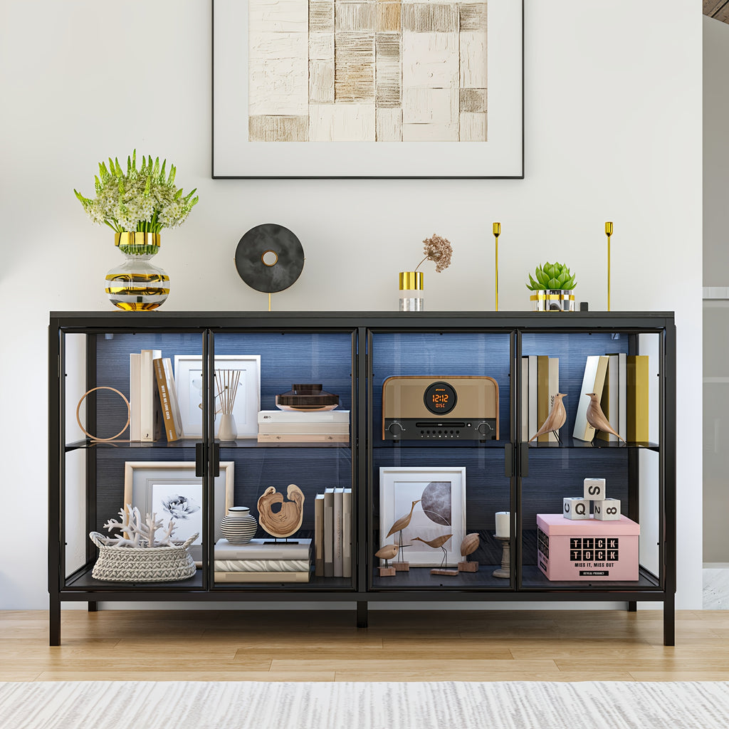 55.1'' W Glass Display Cabinet with Adjustable Lighting, Modern Storage Cabinet with 4 Storage Compartments & 4 Glass Doors, Stylish Design, for Living Room And Dining Room
