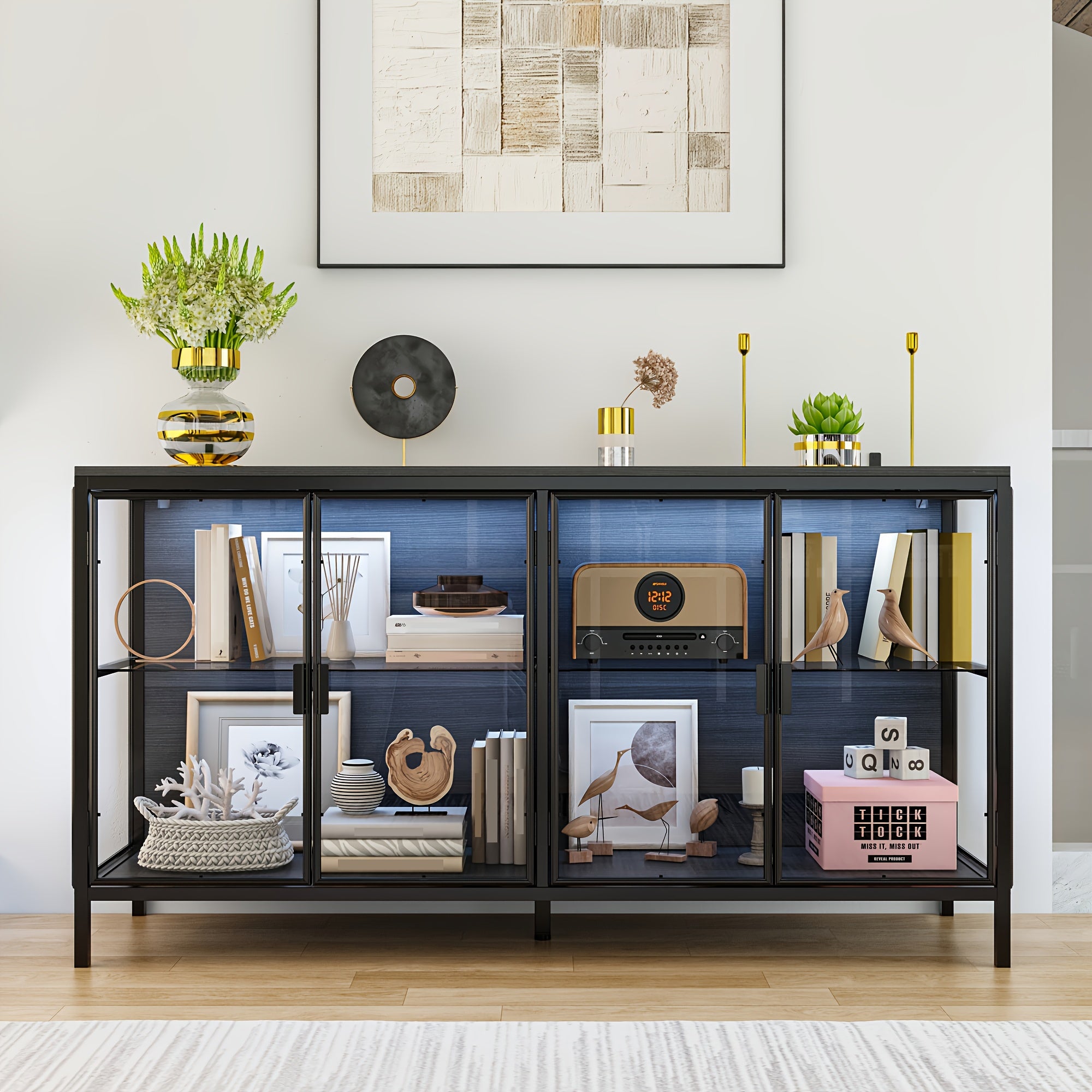 55.1'' W Glass Display Cabinet with Adjustable Lighting, Modern Storage Cabinet with 4 Storage Compartments & 4 Glass Doors, Stylish Design, for Living Room And Dining Room