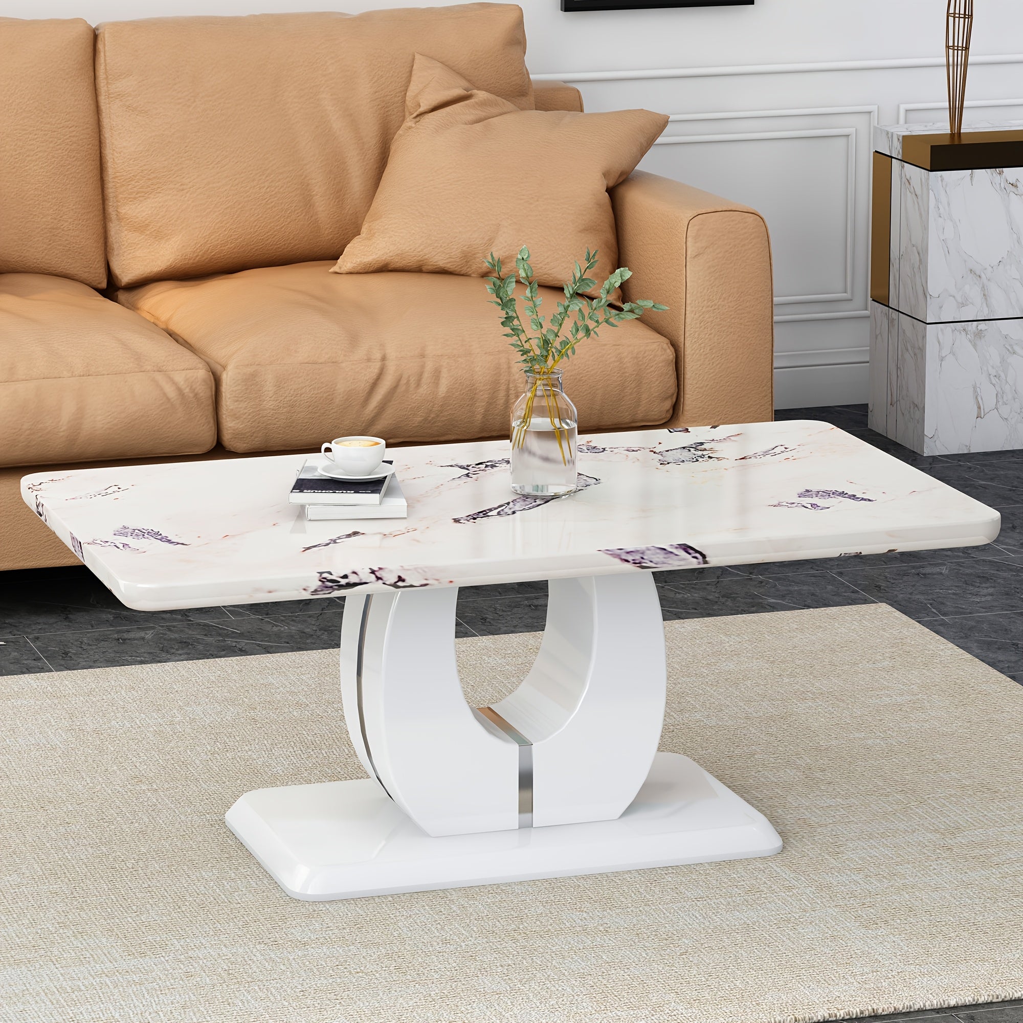 Contemporary Minimalist Rectangular Coffee Table Featuring a White Faux Marble Design, a Spacious And Adaptable Piece for The Living Room, Perfect As a Central Tea Table Or Accent Furniture, Ideal for Various Settings, And Easy to Assemble