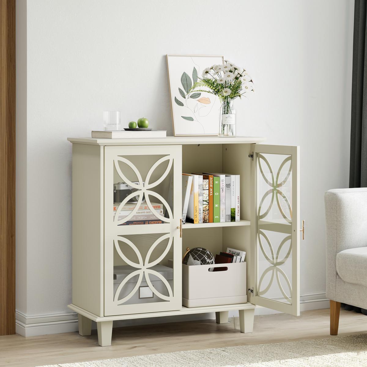 2-Door Decorative Storage Cabinet | Sideboard Buffet, Freestanding Bathroom Cabinet with Tempered Glass, Modern Retro Kitchen Console Table, Art Deco Style, Floor Mount, Color