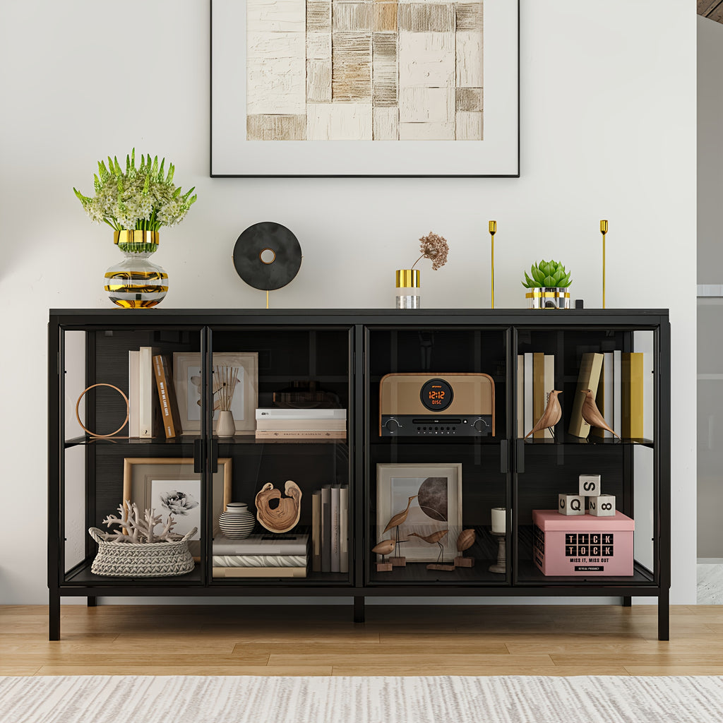 55.1'' W Glass Display Cabinet with Adjustable Lighting, Modern Storage Cabinet with 4 Storage Compartments & 4 Glass Doors, Stylish Design, for Living Room And Dining Room