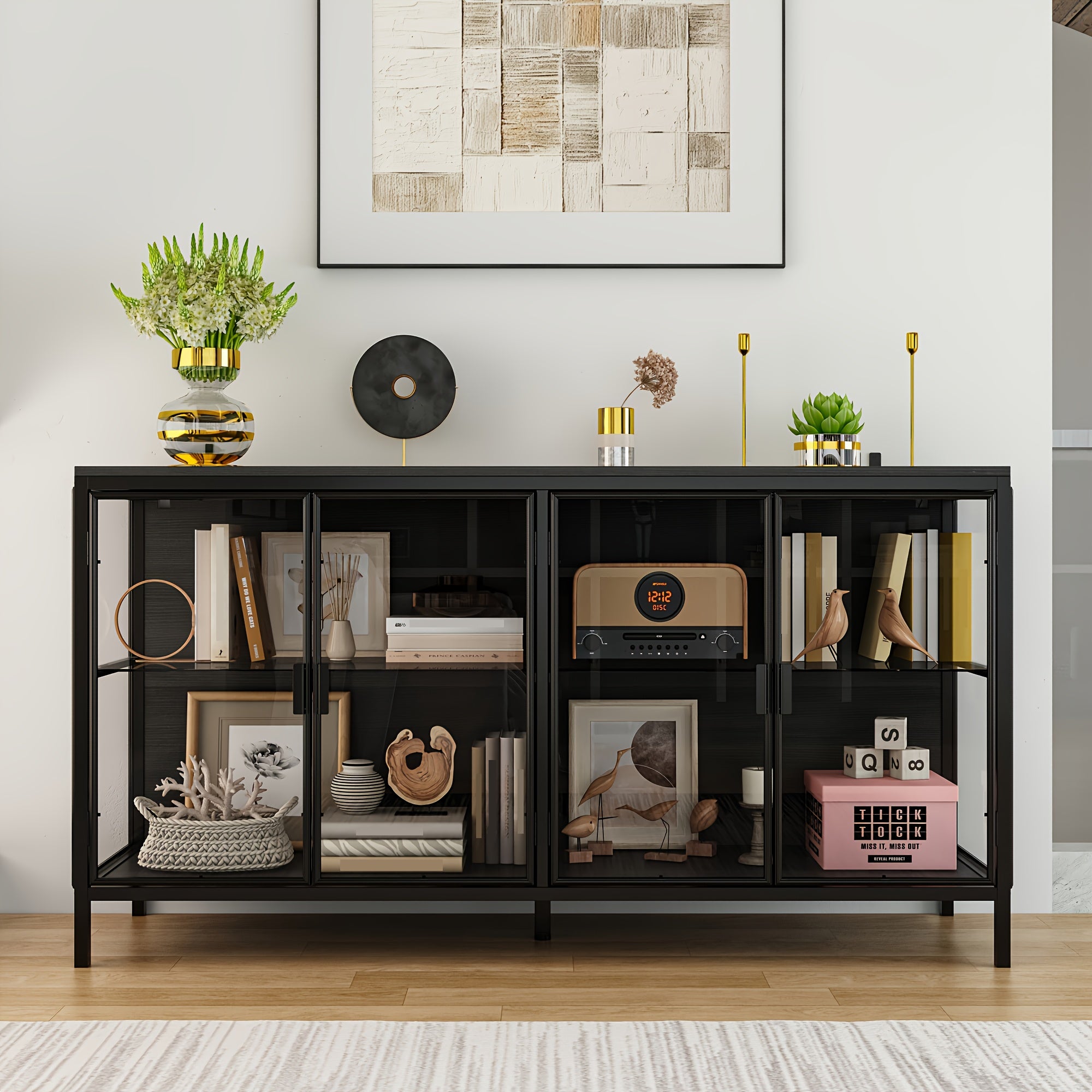 55.1'' W Glass Display Cabinet with Adjustable Lighting, Modern Storage Cabinet with 4 Storage Compartments & 4 Glass Doors, Stylish Design, for Living Room And Dining Room