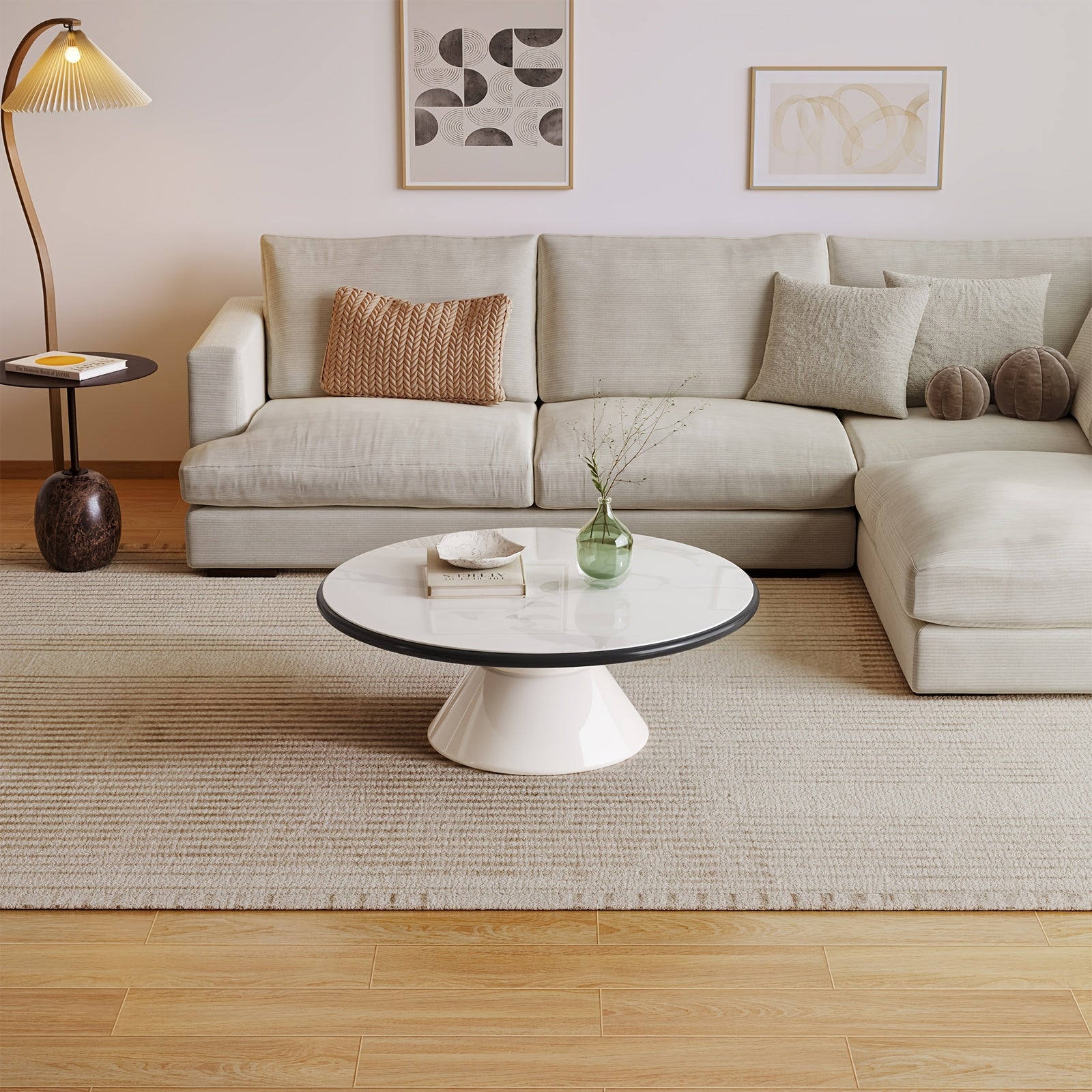 Modern Round Coffee Table with Cream White Stone Glass Top & Stain-Resistant Base - Easy-Clean Single Pedestal Center Table, 27.95-Inch Round for Living Room, Bedroom - MDF\u002FFBDF Frame, Suitable for Modern or Decor