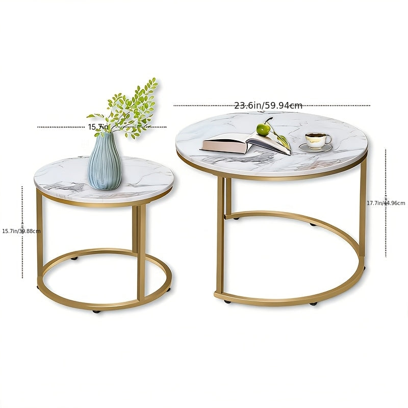 Set of Two Circular Nesting Tables Featuring a White Faux Marble Top And a Golden Frame, Perfect for Modern Living Rooms Or Bedrooms with an Industrial Touch