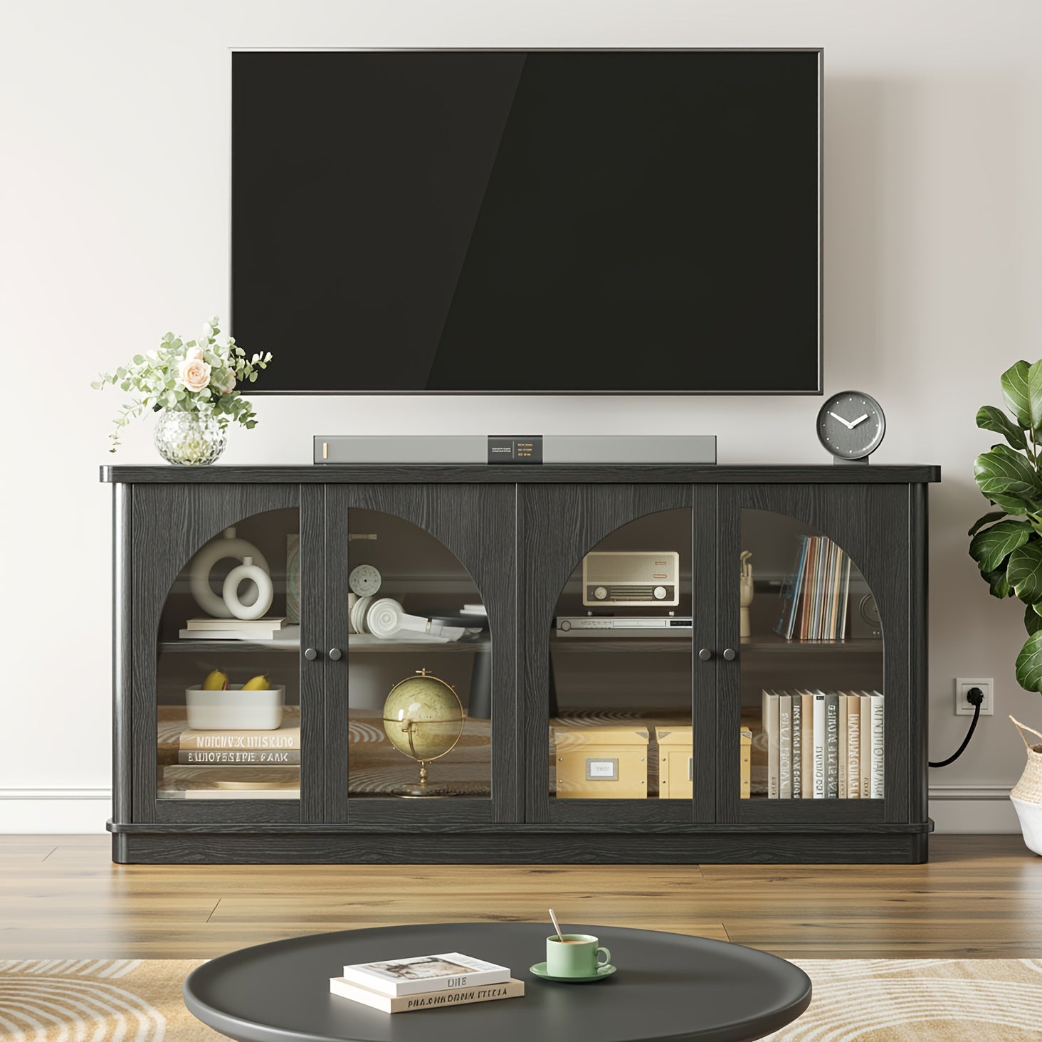63-Inch Sideboard Buffet, Modern Arched Glass-Door Buffet, Large Curved Storage, Console-Style Sideboard with Adjustable Shelves, Suitable for Living Rooms, Kitchens, And Entryways, Black\u002FGrey Oak