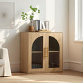 Modern Natural Buffet Sideboard with Arched Glass Doors & Adjustable Shelves - Wide -Standing Storage Cabinet Suitable for Living Room, Kitchen, Dining Room, \u002FParticle Board, Low Profile, Ample Closed Storage Space