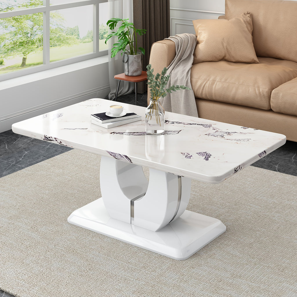 Contemporary Minimalist Rectangular Coffee Table Featuring a White Faux Marble Design, a Spacious And Adaptable Piece for The Living Room, Perfect As a Central Tea Table Or Accent Furniture, Ideal for Various Settings, And Easy to Assemble