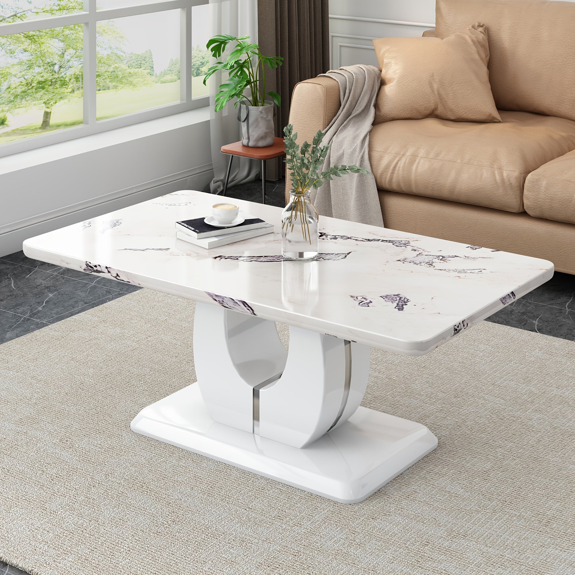 Contemporary Minimalist Rectangular Coffee Table Featuring a White Faux Marble Design, a Spacious And Adaptable Piece for The Living Room, Perfect As a Central Tea Table Or Accent Furniture, Ideal for Various Settings, And Easy to Assemble
