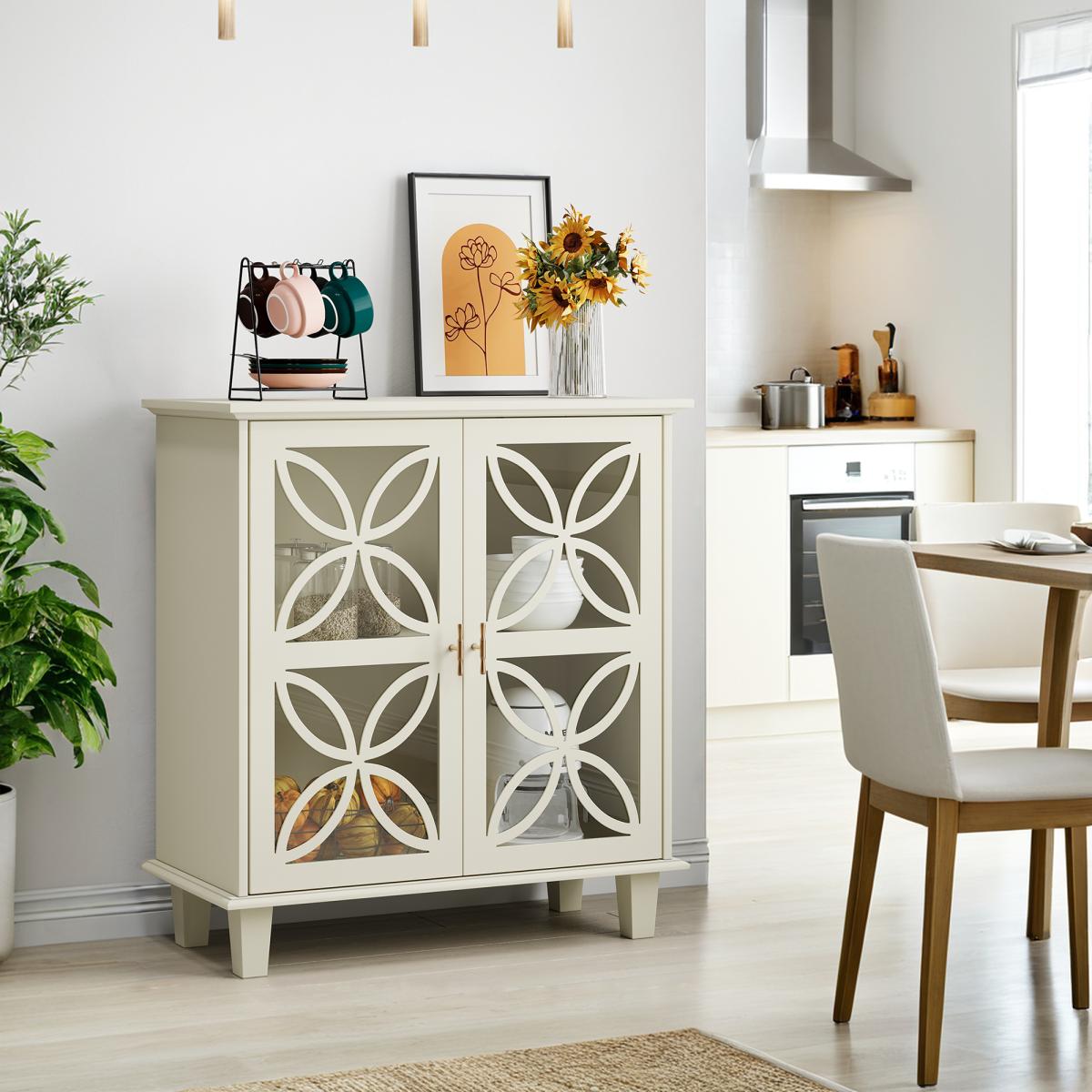 2-Door Decorative Storage Cabinet | Sideboard Buffet, Freestanding Bathroom Cabinet with Tempered Glass, Modern Retro Kitchen Console Table, Art Deco Style, Floor Mount, Color