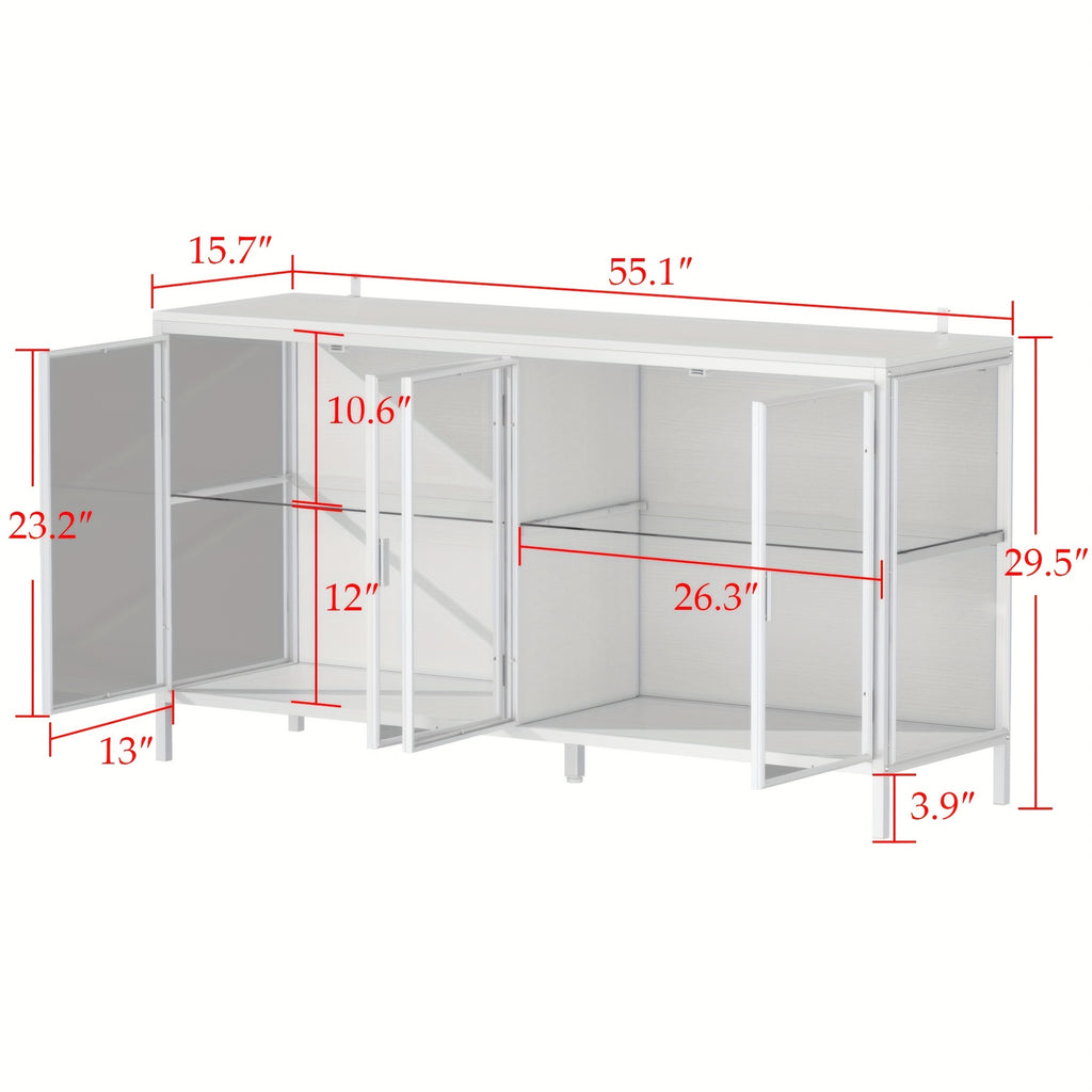 55.1'' W Glass Display Cabinet with Adjustable Lighting, Modern Storage Cabinet with 4 Storage Compartments & 4 Glass Doors, Stylish Design, for Living Room And Dining Room