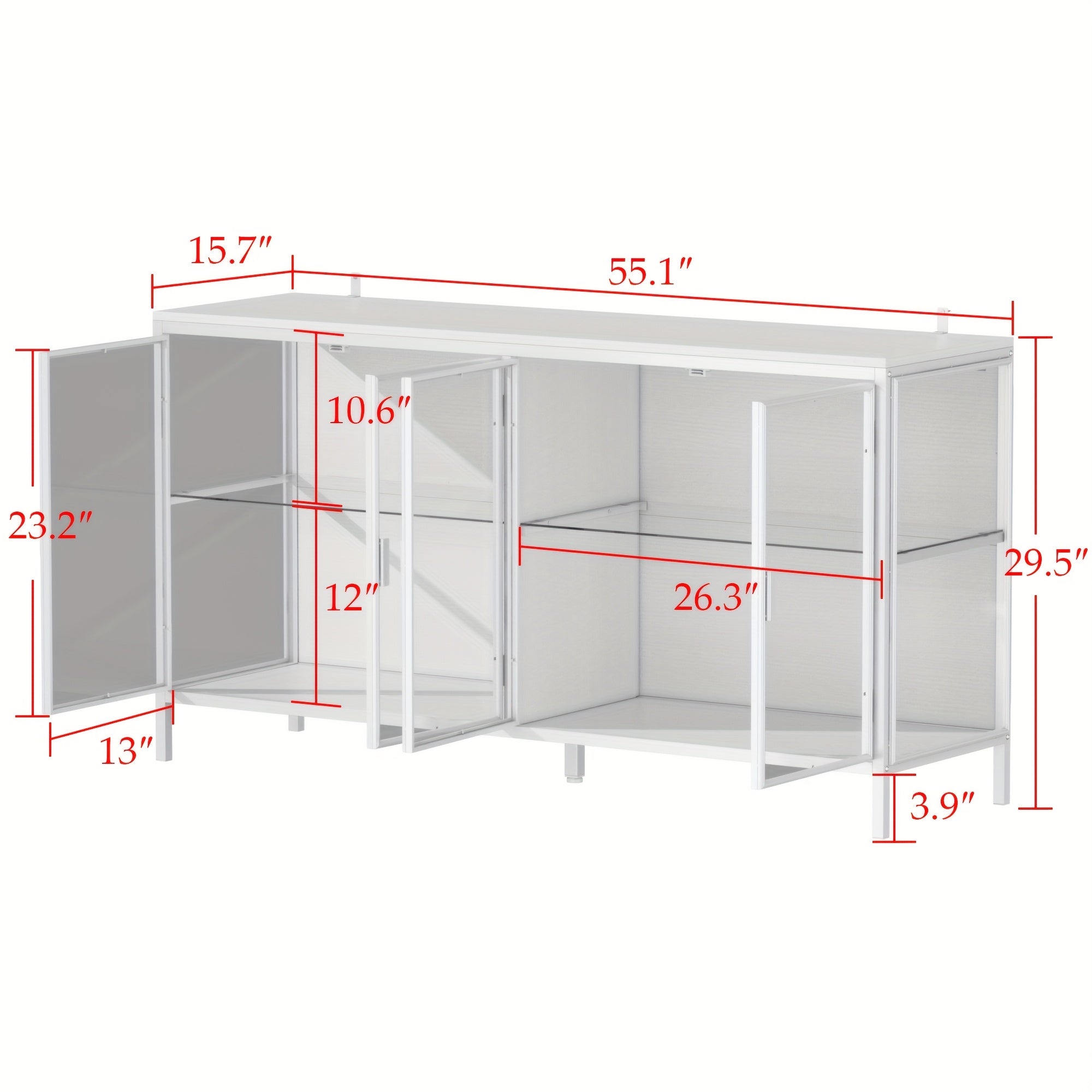 55.1'' W Glass Display Cabinet with Adjustable Lighting, Modern Storage Cabinet with 4 Storage Compartments & 4 Glass Doors, Stylish Design, for Living Room And Dining Room
