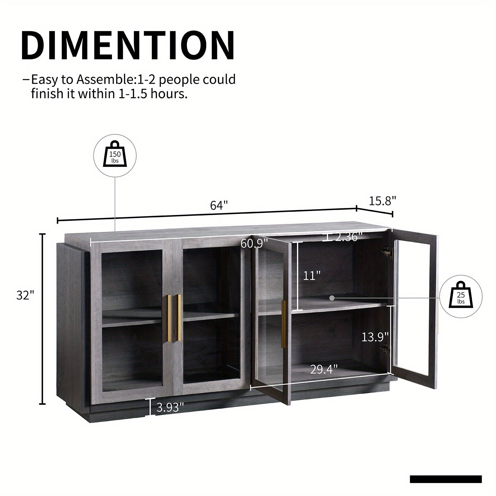 ALBOTT Sideboard Buffet Cabinet with Storage 64 Inch Cabinet with Glass Door Modern Wood Buffet Cabinet for Dining Area Kitchen And Hallway