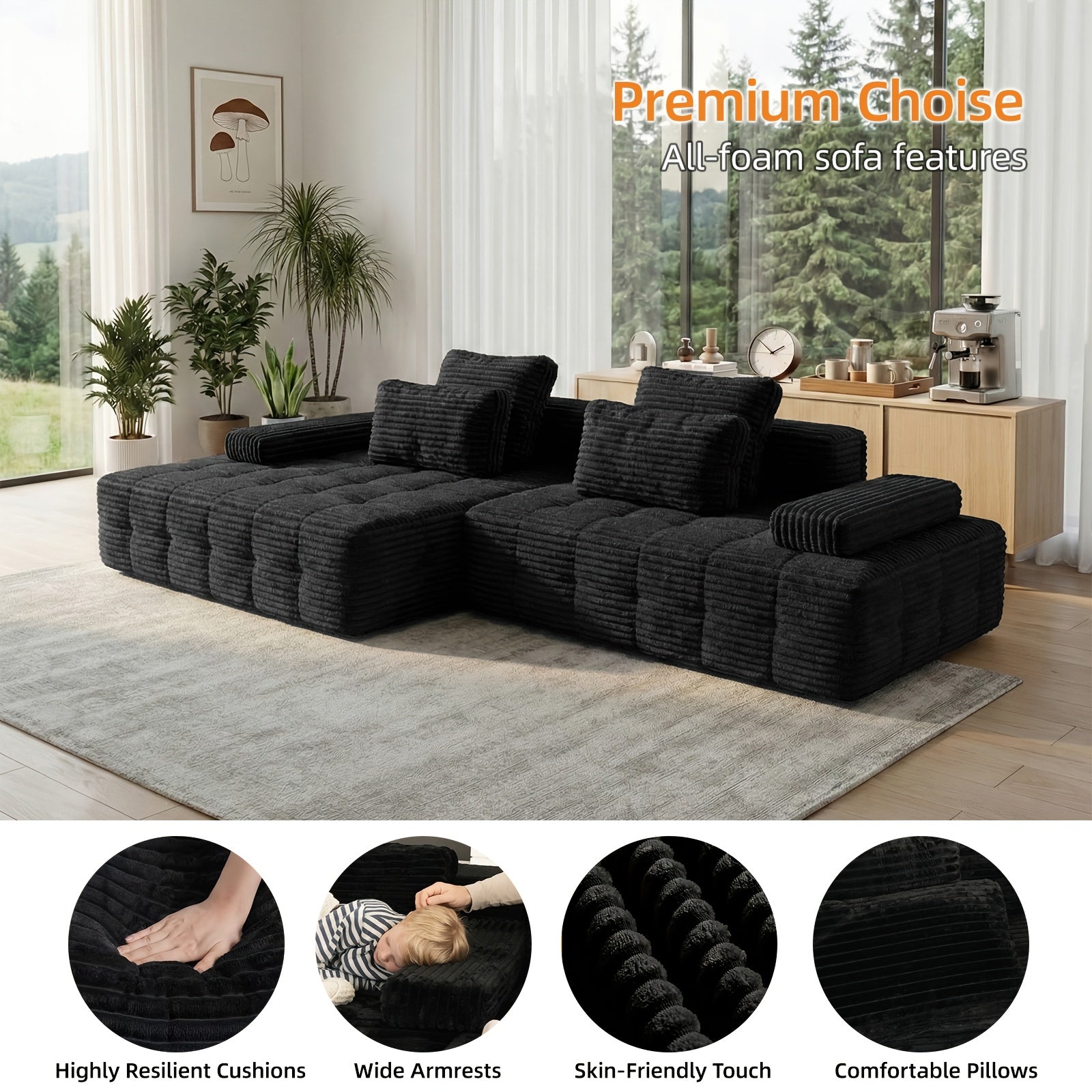 Free Combination Sectional Cloud Sofa Couch with 4 Pillows, Modular Sectional Sofa Bed for Living Room, Corduroy Sofa Couches for Living Room, Apartment, Bedroom. No Assembly Required