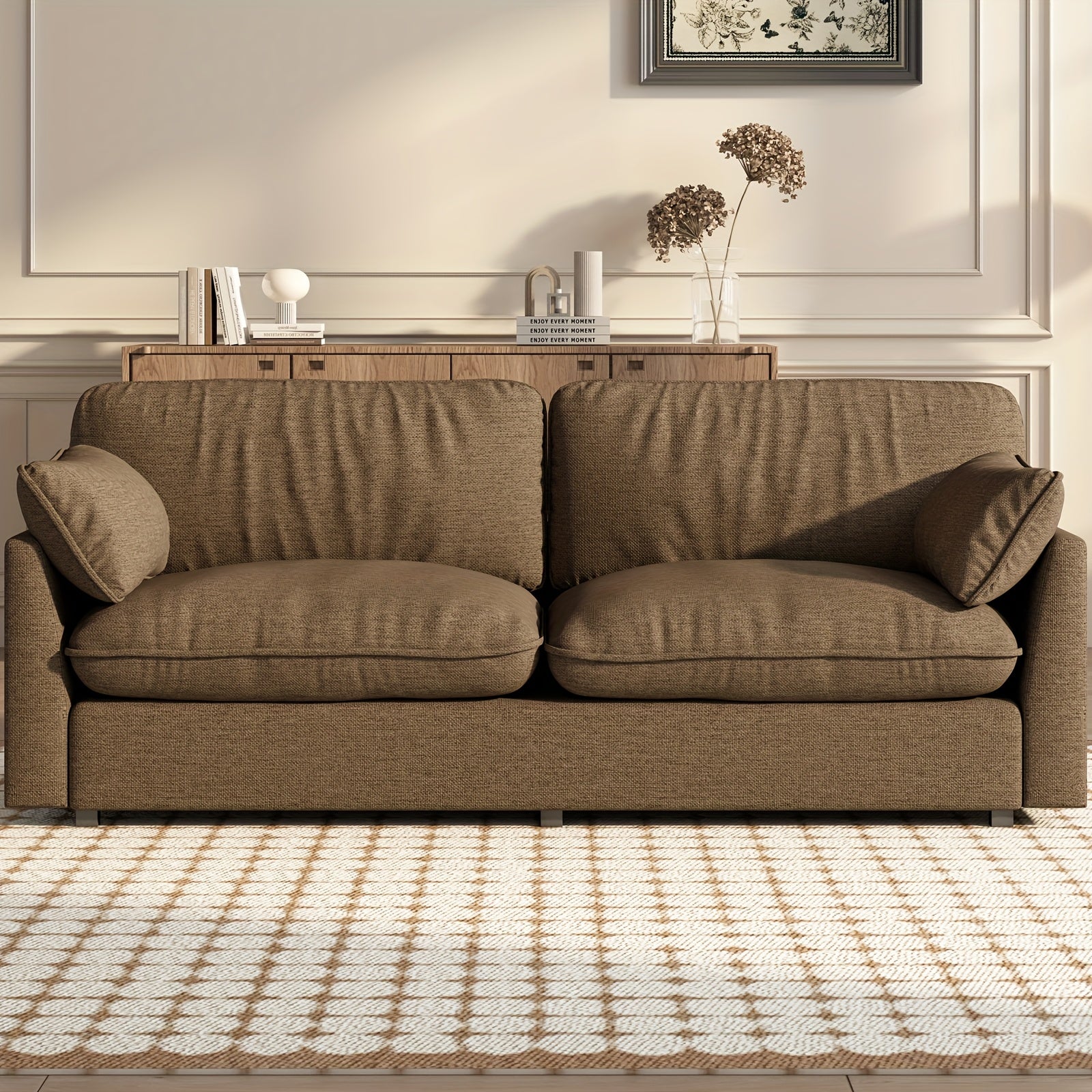 Modern Loveseat Sofa 2-Seater Couch for Living Room - Dark Brown Upholstered Sofa with Deep Seats & 2 Throw Pillows | Comfortable Small Couch for Bedroom, Apartment | Easy Assembly Required