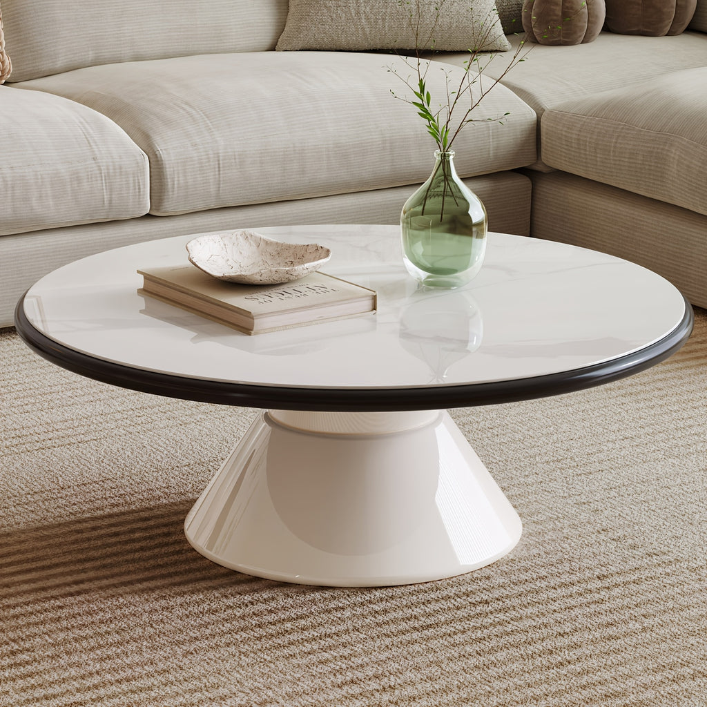 Modern Round Coffee Table with Cream White Stone Glass Top & Stain-Resistant Base - Easy-Clean Single Pedestal Center Table, 27.95-Inch Round for Living Room, Bedroom - MDF\u002FFBDF Frame, Suitable for Modern or Decor