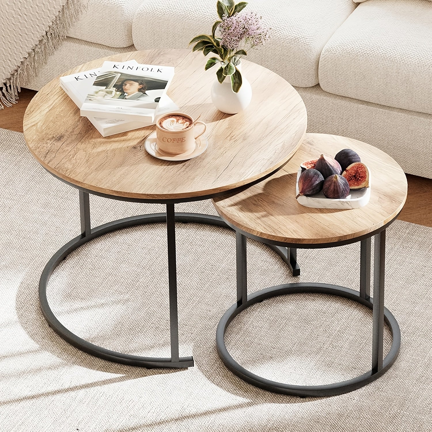 Set of Two Circular Nesting Tables Featuring a White Faux Marble Top And a Golden Frame, Perfect for Modern Living Rooms Or Bedrooms with an Industrial Touch