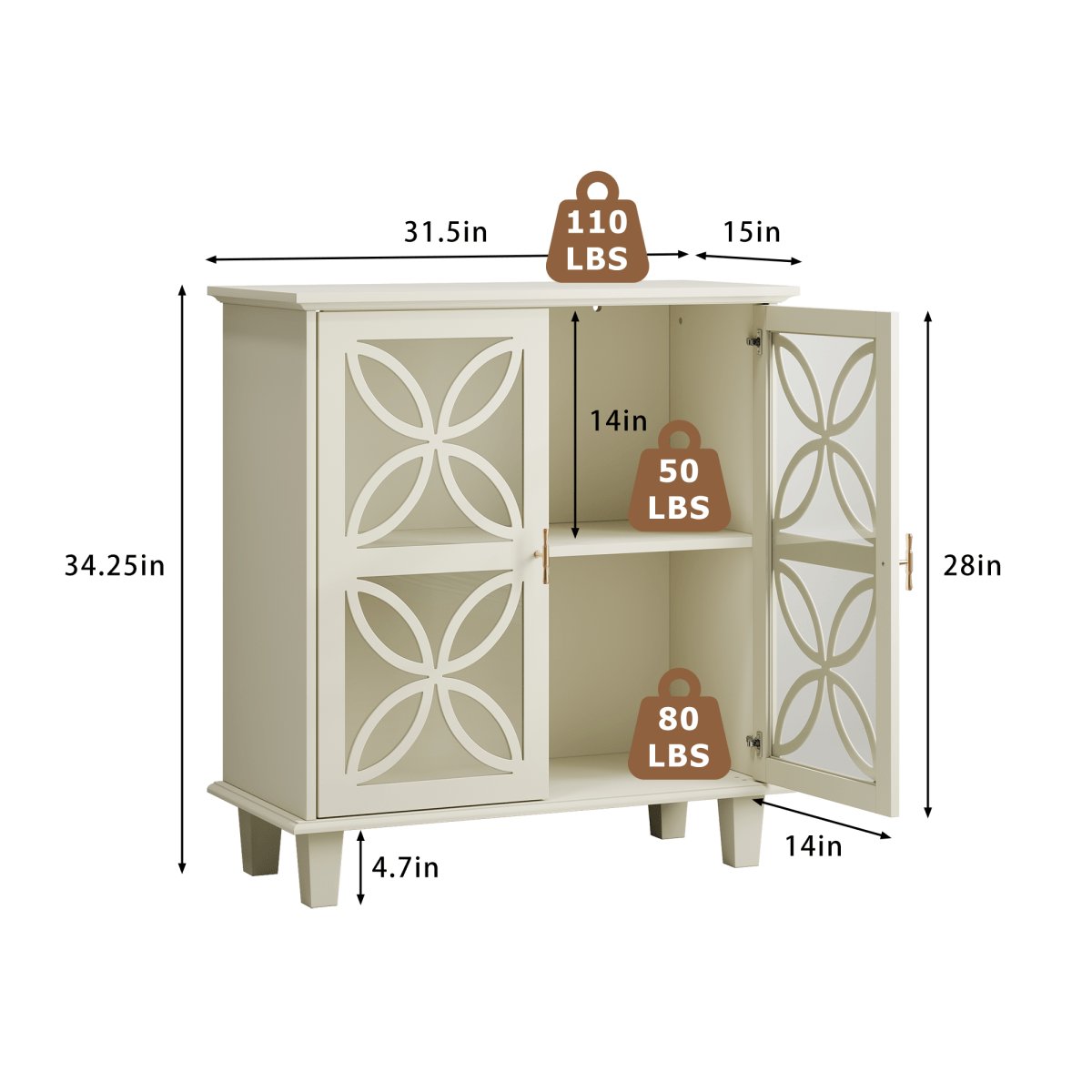 2-Door Decorative Storage Cabinet | Sideboard Buffet, Freestanding Bathroom Cabinet with Tempered Glass, Modern Retro Kitchen Console Table, Art Deco Style, Floor Mount, Color