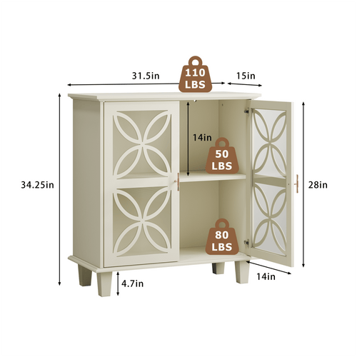 2-Door Decorative Storage Cabinet | Sideboard Buffet, Freestanding Bathroom Cabinet with Tempered Glass, Modern Retro Kitchen Console Table, Art Deco Style, Floor Mount, Color