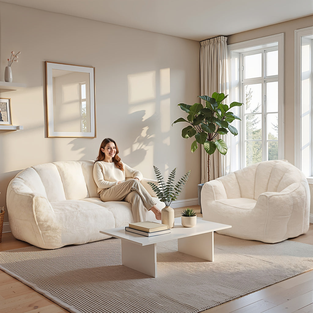 Oversized Plush Faux Fur Bean Bag Chair & Lounger - Large Foam Sofa Suitable for Bed, Couch, Office Chair, No Assembly Required, Shredded Foam, Modern Minimalist, - for -Room Use (White)