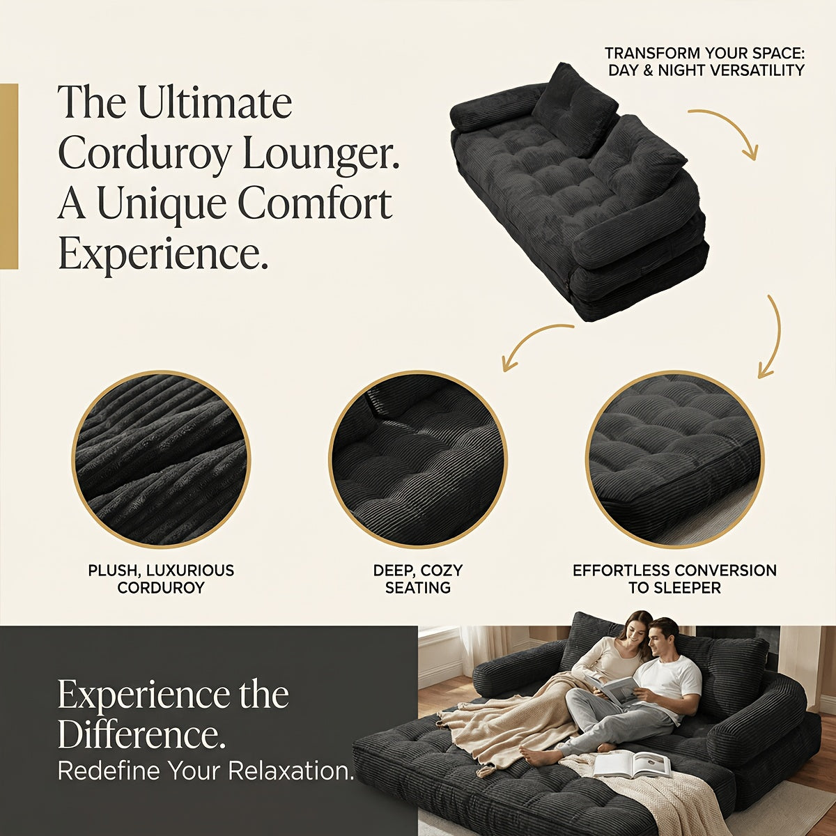 Convertible Cloud Sofa, 4 In 1 Loveseat Folding Couch Foldable - Chaise Lounge Chair, Pull Out Sofa With Pillows, Boneless Couch Comfy Lounge Loveseat For Living Room, Home Theater, Multiple Colors Available