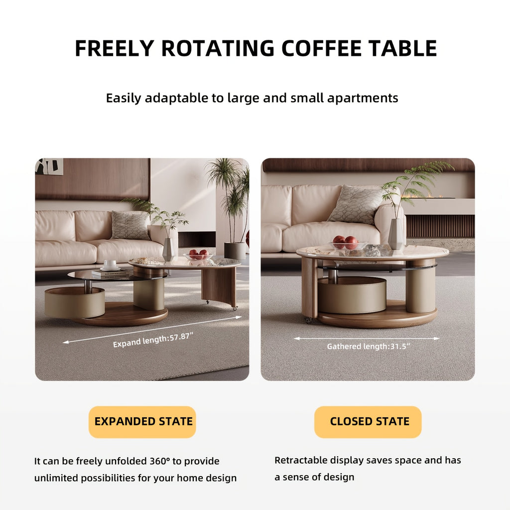 Modern No Assembly Required Nesting Coffee Table Set with 360° Rotating Sintered Stone Top And Hidden Storage