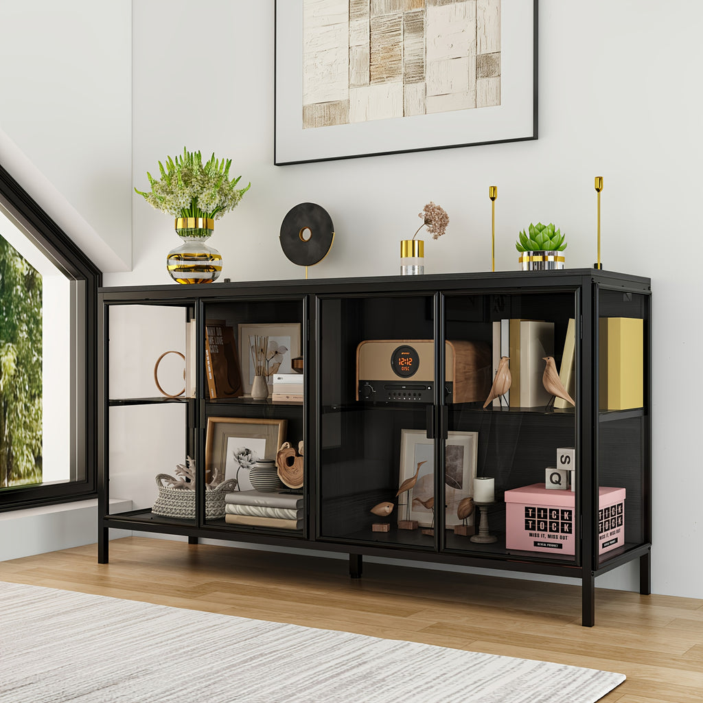 55.1'' W Glass Display Cabinet with Adjustable Lighting, Modern Storage Cabinet with 4 Storage Compartments & 4 Glass Doors, Stylish Design, for Living Room And Dining Room