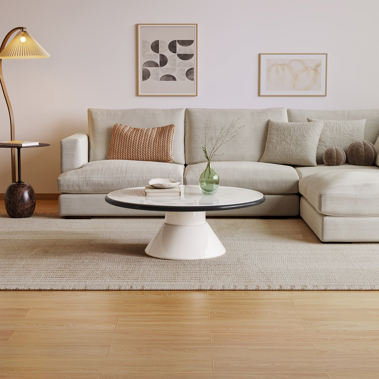 Modern Round Coffee Table with Cream White Stone Glass Top & Stain-Resistant Base - Easy-Clean Single Pedestal Center Table, 27.95-Inch Round for Living Room, Bedroom - MDF\u002FFBDF Frame, Suitable for Modern or Decor