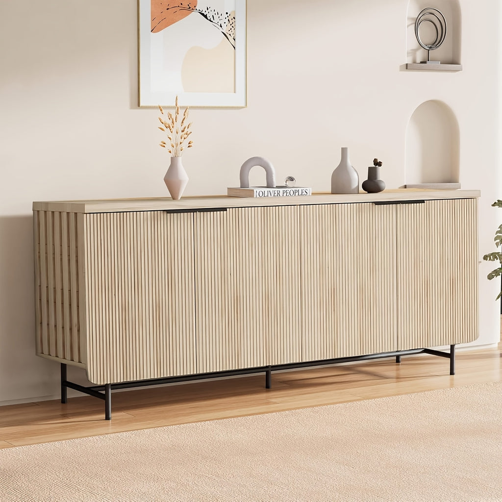 68” Large Modern Oak Carved Edge Cabinet with 4 Doors & Adjustable Shelves - Multi-Functional Storage Suitable for Living Room, Dining Room, Entryway, -Standing Contemporary Sideboard with Panel Doors, Assembly Required ( Wood Tone)