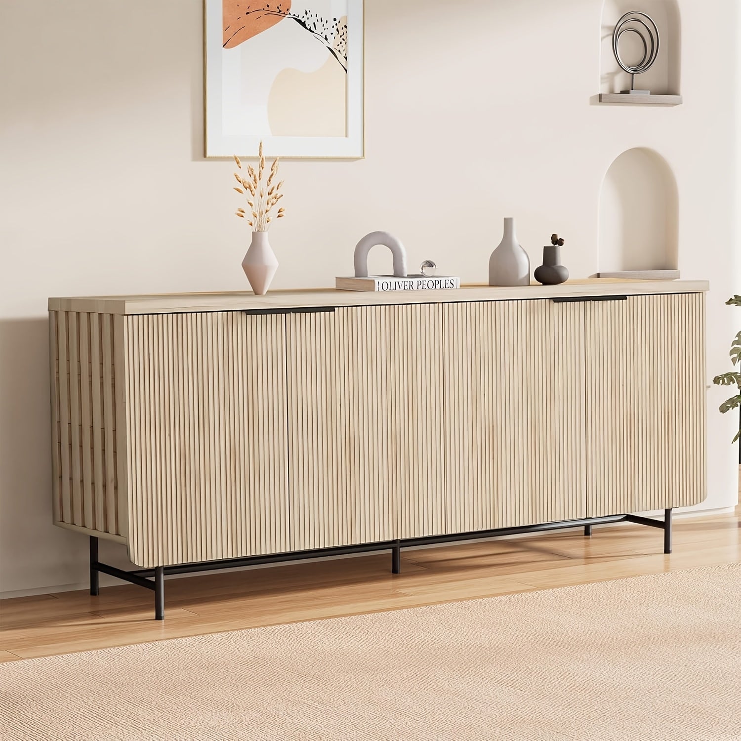 68” Large Modern Oak Carved Edge Cabinet with 4 Doors & Adjustable Shelves - Multi-Functional Storage Suitable for Living Room, Dining Room, Entryway, -Standing Contemporary Sideboard with Panel Doors, Assembly Required ( Wood Tone)