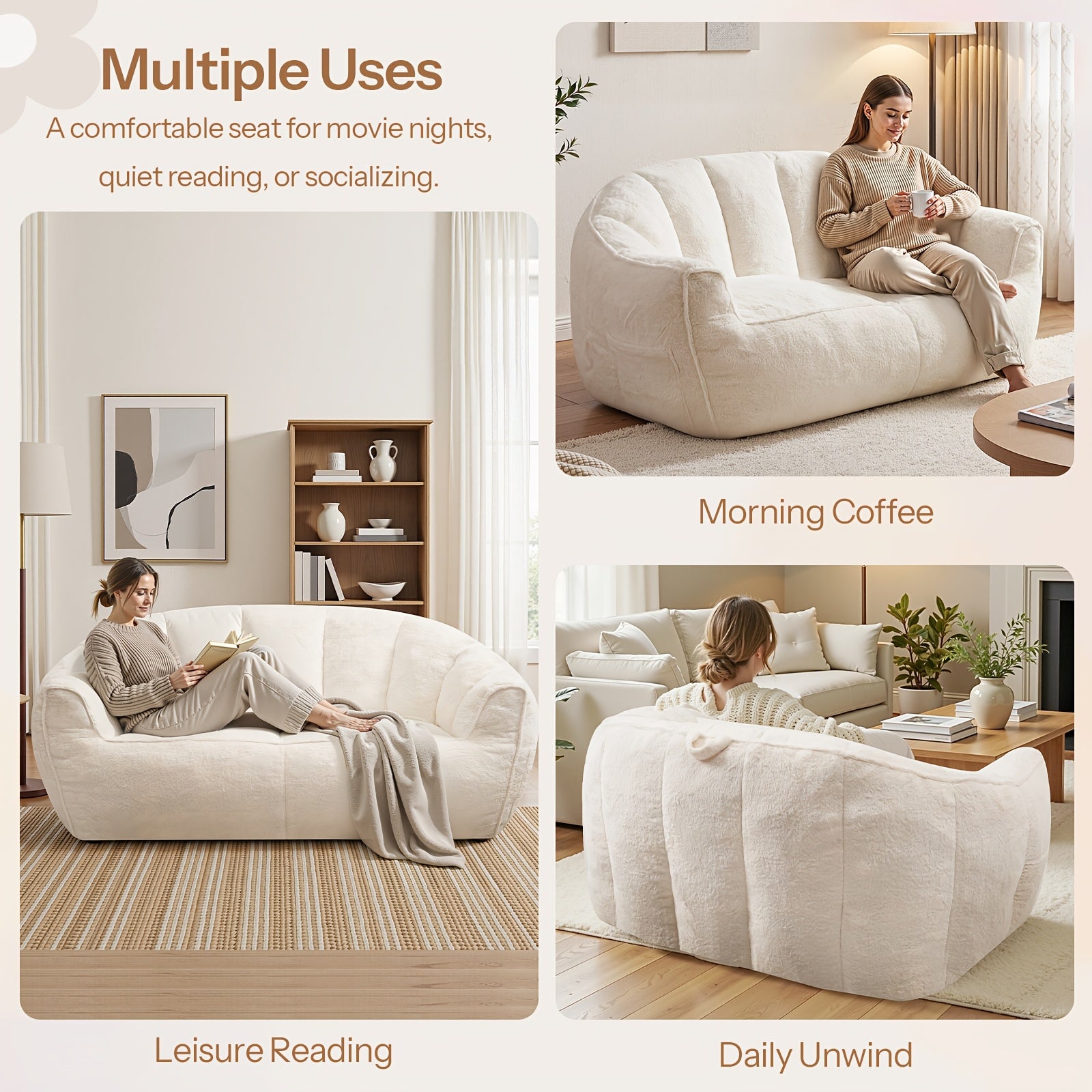 Oversized Plush Faux Fur Bean Bag Chair & Lounger - Large Foam Sofa Suitable for Bed, Couch, Office Chair, No Assembly Required, Shredded Foam, Modern Minimalist, - for -Room Use (White)