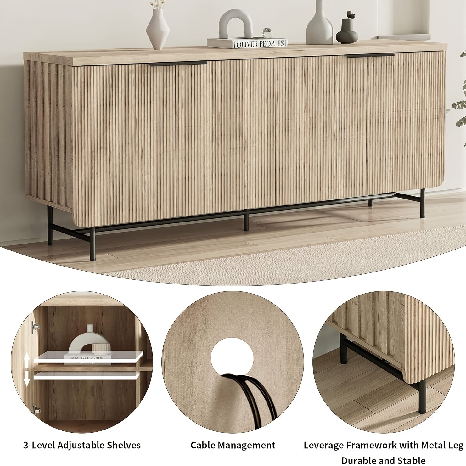 68” Large Modern Oak Carved Edge Cabinet with 4 Doors & Adjustable Shelves - Multi-Functional Storage Suitable for Living Room, Dining Room, Entryway, -Standing Contemporary Sideboard with Panel Doors, Assembly Required ( Wood Tone)